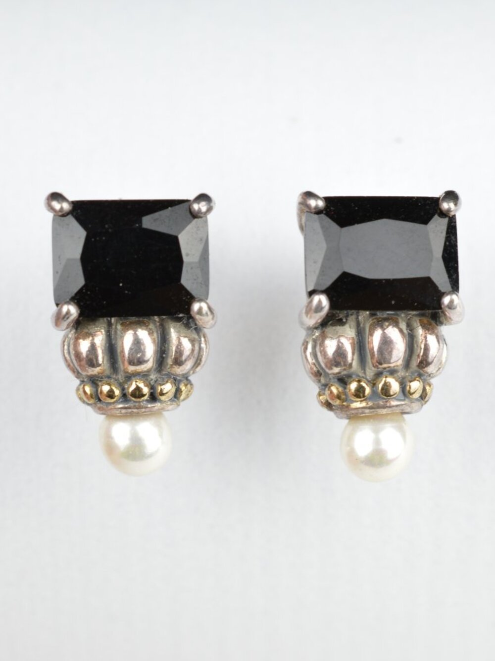 Vintage 925 Sterling Silver Smoky Quartz Cultured Pearl Drop Earrings 9/16"